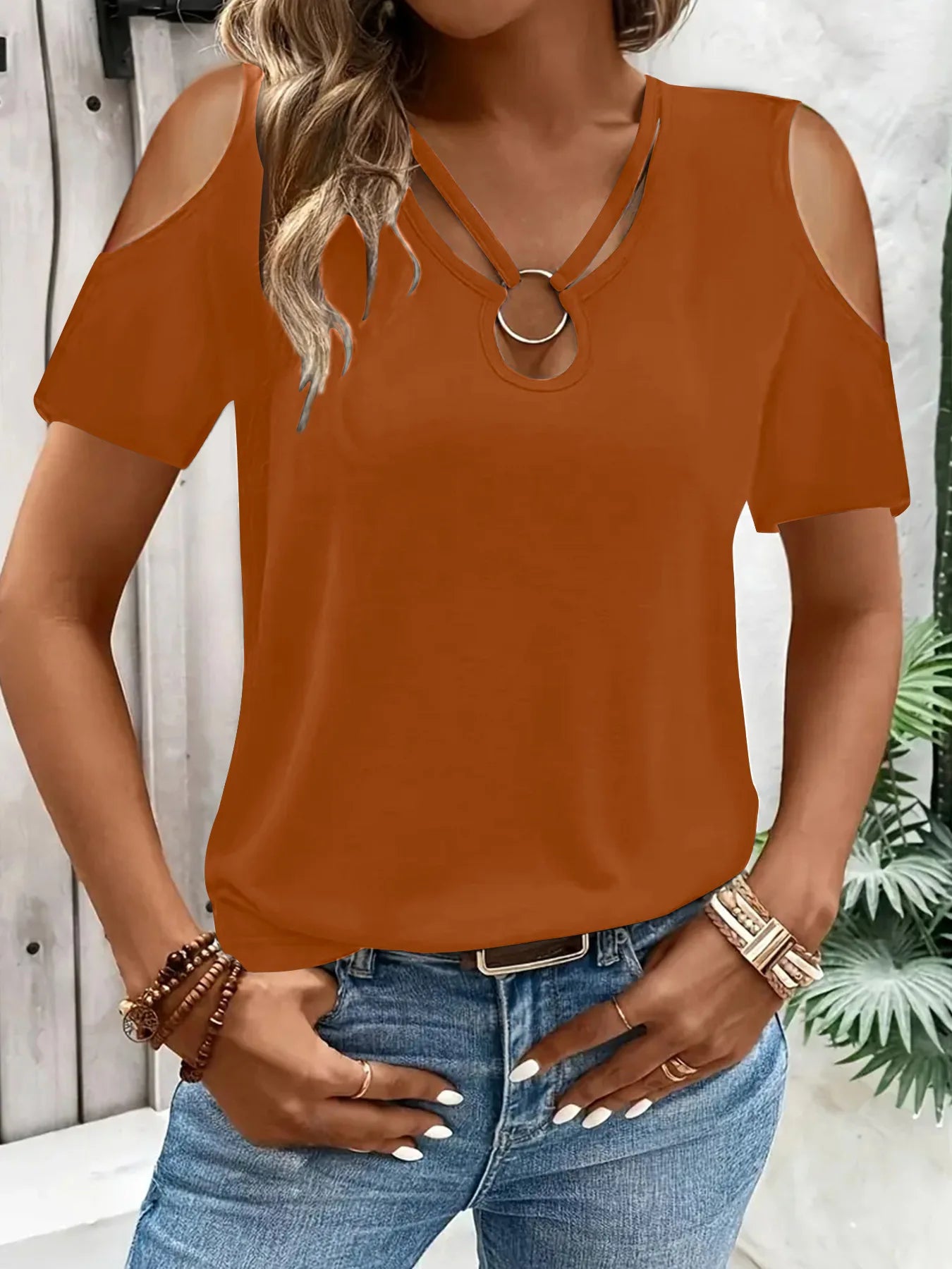 Women's Hollow Out Blouse - Off Shoulder Cross V-Neck (S-XXL)