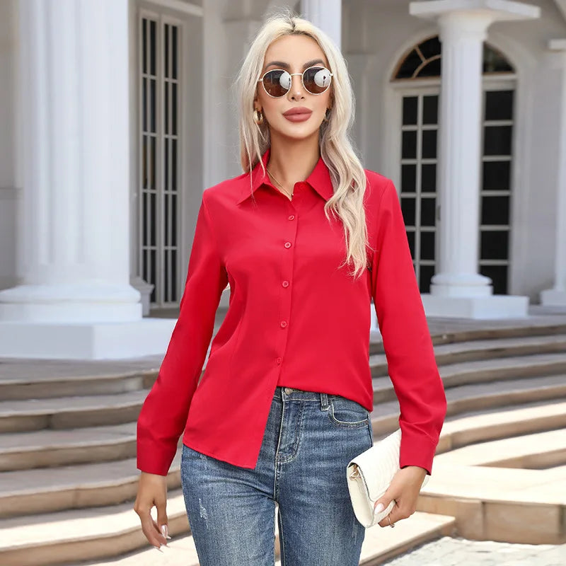 Women's Button Chiffon Blouse - Turn-Down Collar (S-XXXL)