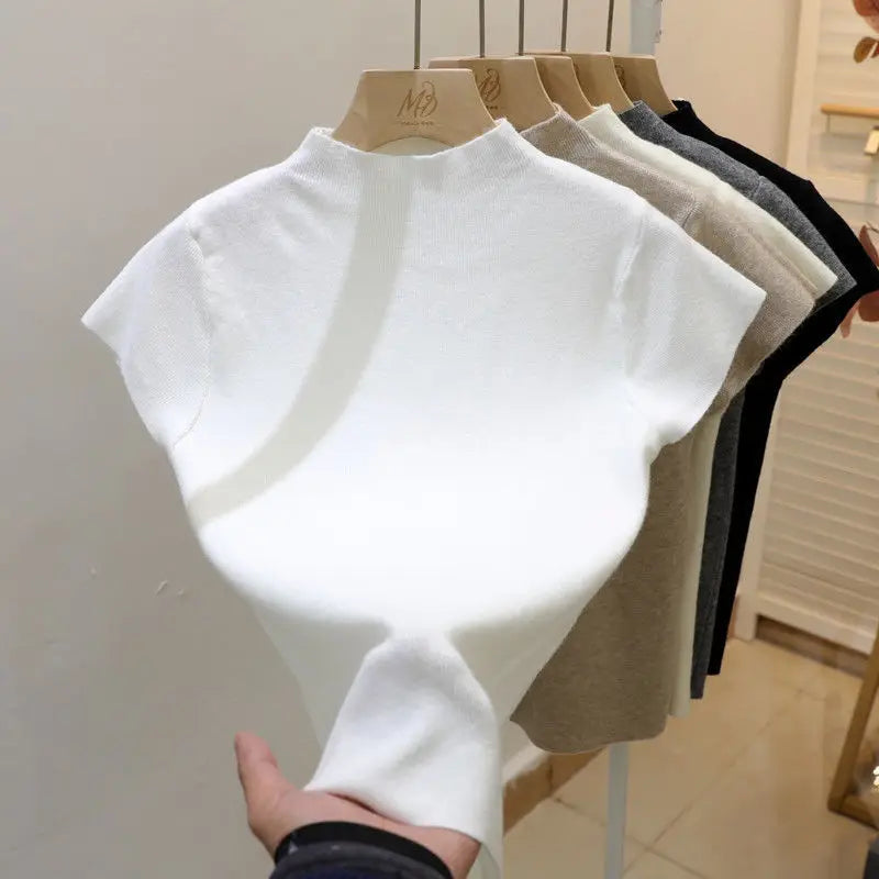 Women's Basic Turtleneck Slim Knit Sweater | Short Sleeve Bodycon Pullover Top One Size
