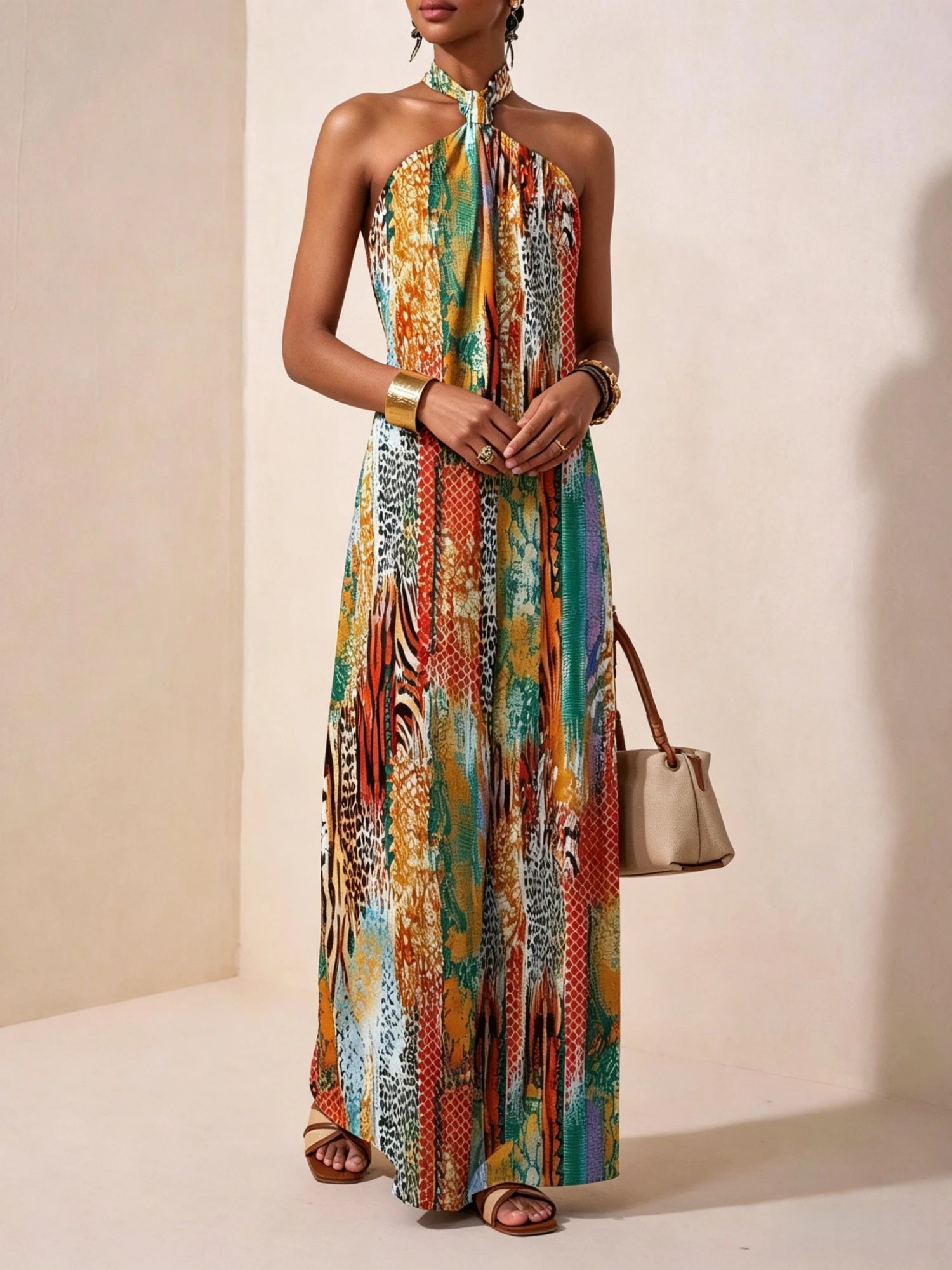 Women's Halter Neck Backless Boho Maxi Dress