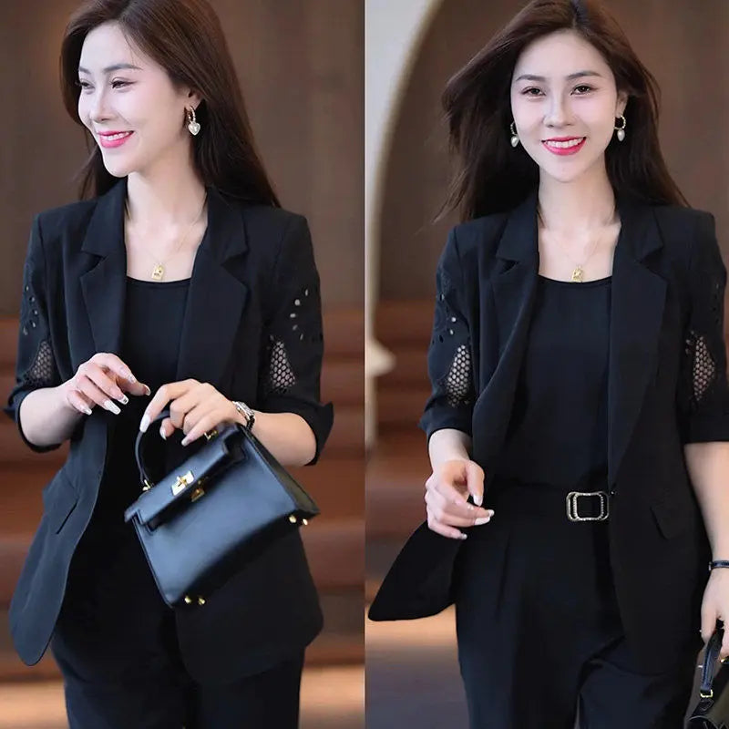 Women's 3-Piece Vintage Hollow Jacket Suit Set – Jacket, Tank Top & Pants