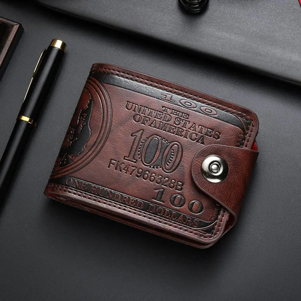 Vintage $100 Bill Pattern Wallet — Multi-Functional PU Leather Snap & Zipper Wallet
