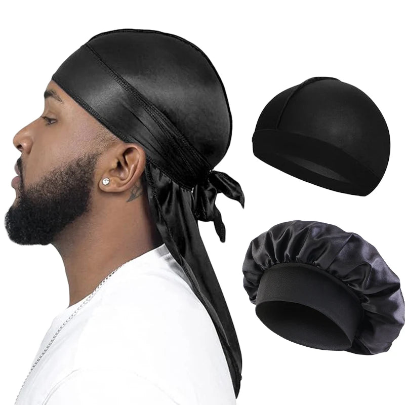 Silky Durag 3-Pack – Long Tail Wave Cap, Satin Bonnet & Headband for Men & Women