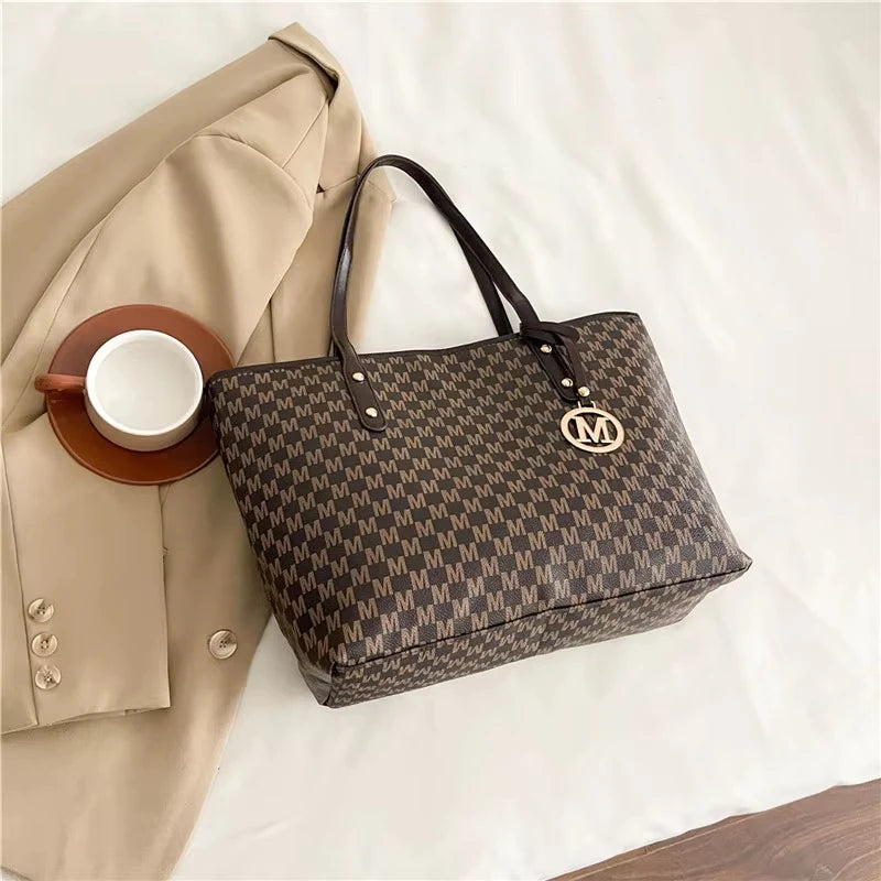 Letter Print Faux Leather Tote Bag — Large Capacity Shoulder Bag for Women