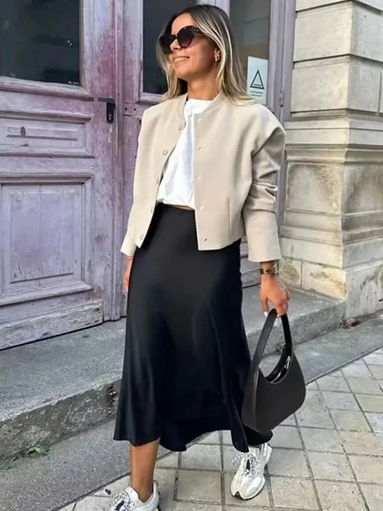 Satin High-Waist Midi Skirt – Solid Colors