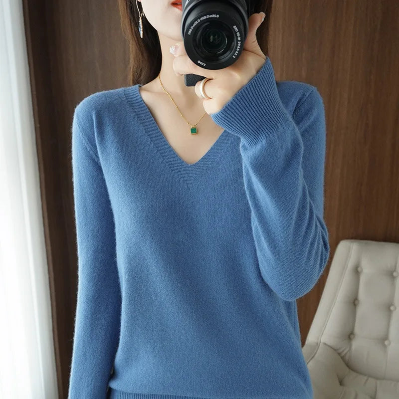Women's V-Neck Lace Hollow-Out Knit Sweater | Casual Long Sleeve Pullover 10 Colors M-XXL