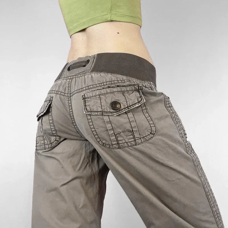 Pantalones retro de cordones de tiro bajo, estilo urbano, patchwork, holgados e informales para mujer, pantalones rectos Harajuku de moda coreana