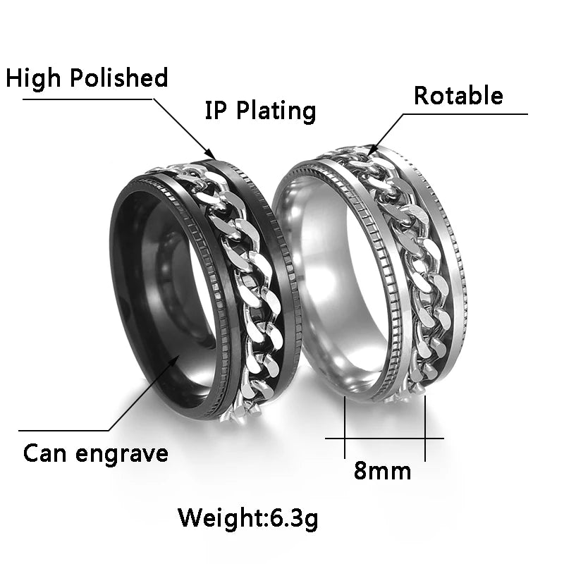 Stainless Steel Spinner Ring | Rotatable Chain Punk Design | Unisex
