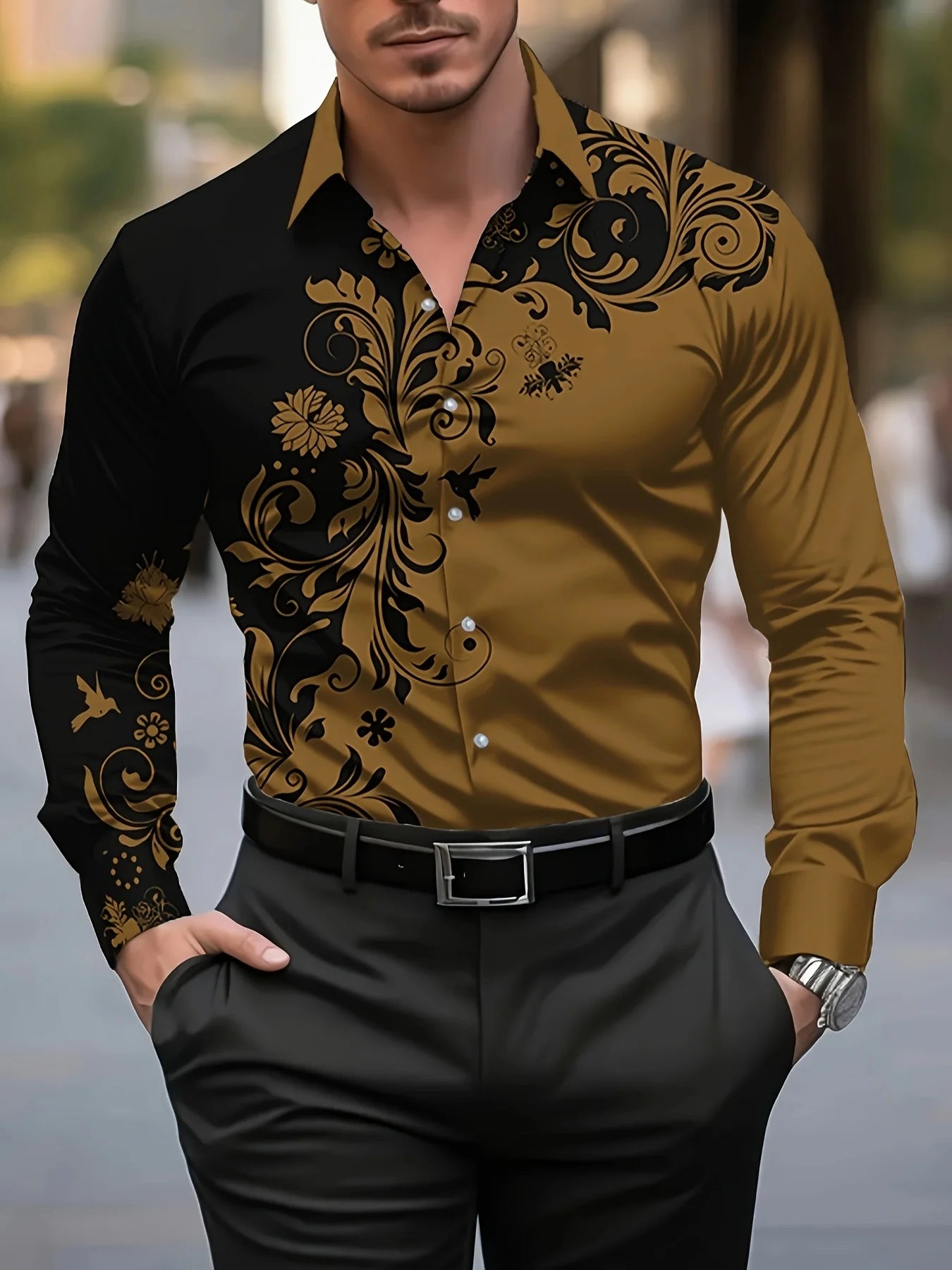 Men's Floral Print Dress Shirt - Long Sleeve Button-Up (S-5XL)