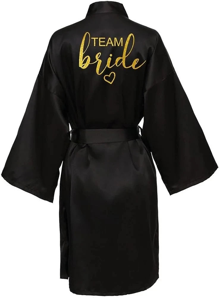 Wedding Party Team Bride Robe Kimono Satin Pajamas Bridesmaid Bathrobe Gold Letter SP093