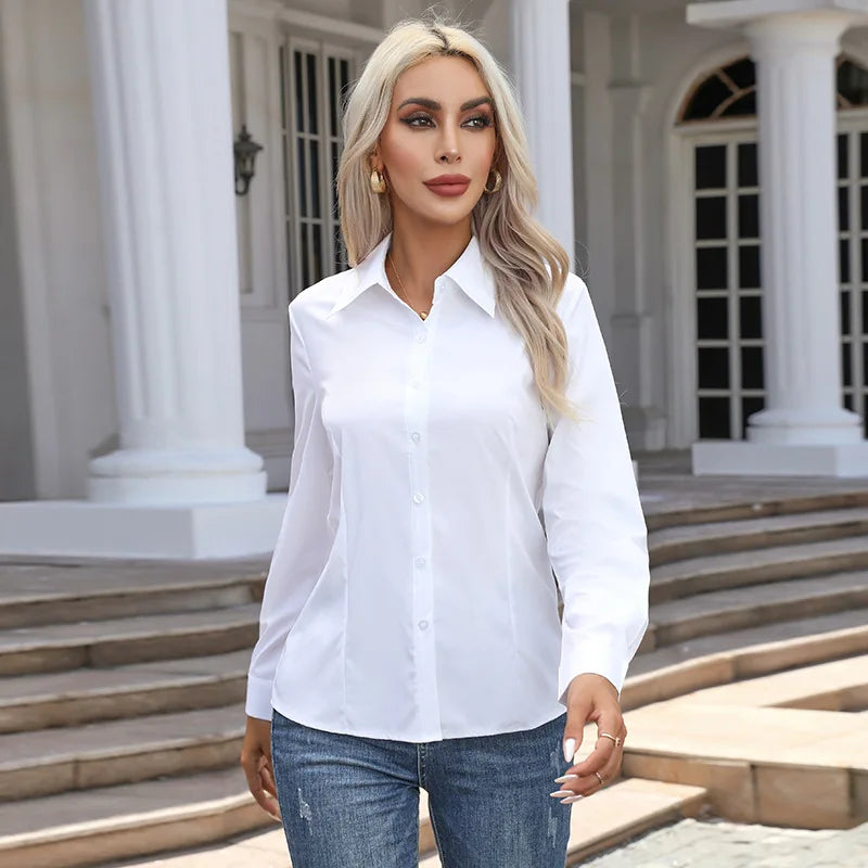Women's Button Chiffon Blouse - Turn-Down Collar (S-XXXL)
