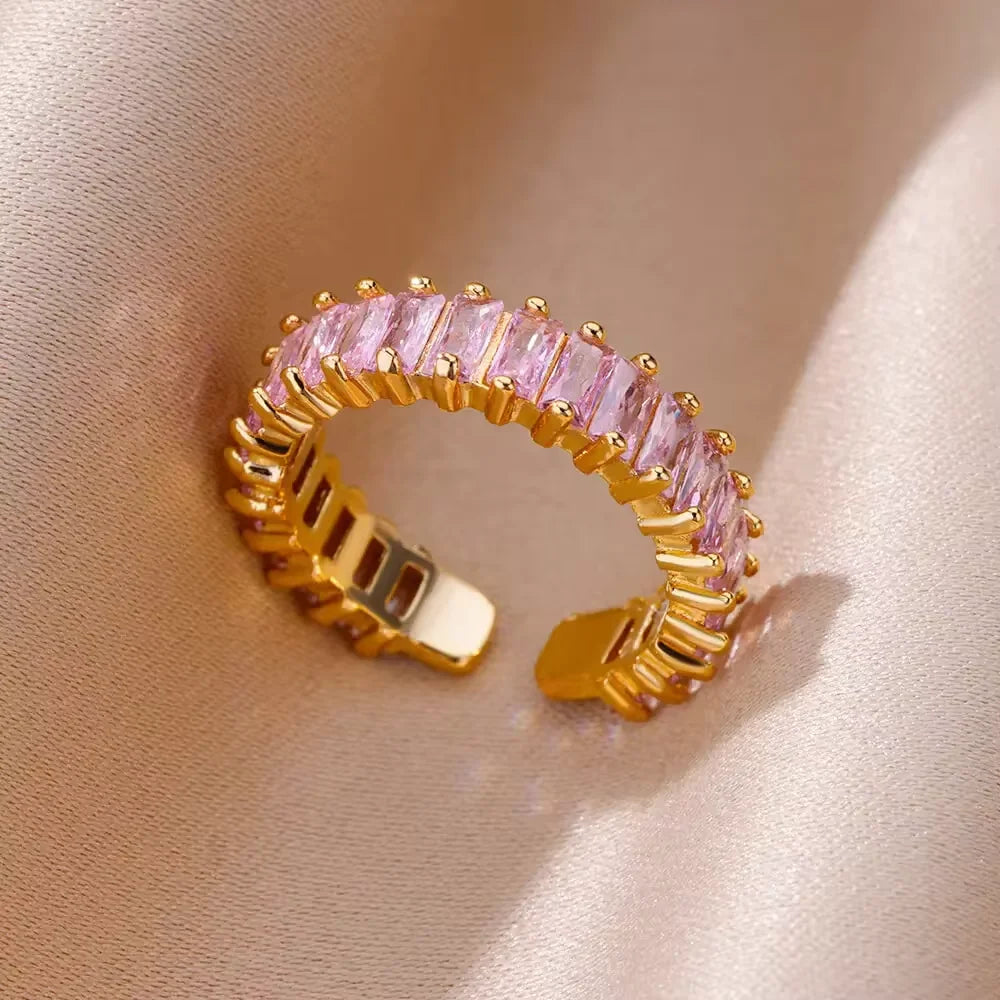 Colorful Cubic Zirconia Open Ring | 18K Gold Plated Stainless Steel | Boho Vintage Style | Women's Gift