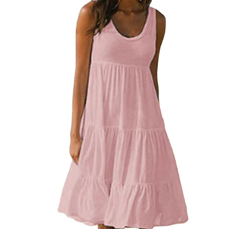 Minivestido informal sólido para mujer Verano 2024 Elegante sin mangas con volantes Vestido corto suelto para fiesta en la playa Vestido playero extragrande estilo urbano