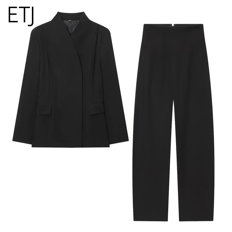 Women's High-Collar Slim Suit Jacket & Trousers Set
