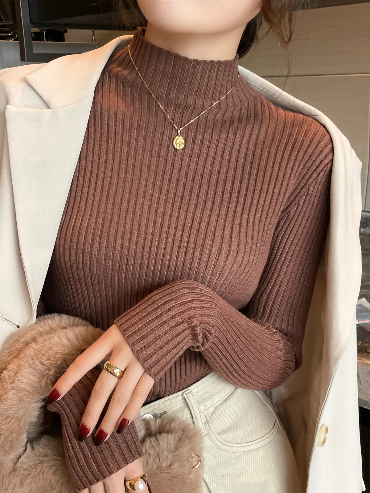 Ribbed Turtleneck Slim Knit Sweater – 7 Colors