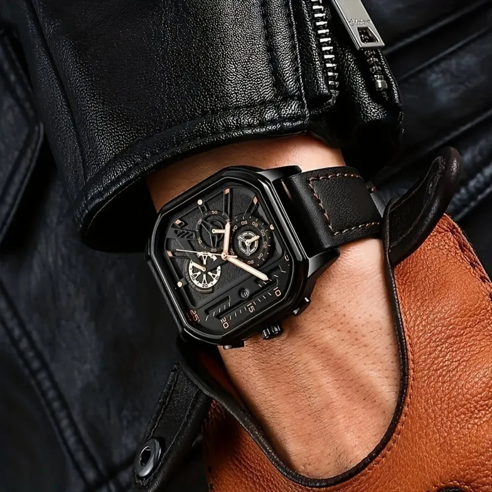 Luxury Big Dial Men Square Watch Casual PU Leather Strap Men Sports Watches