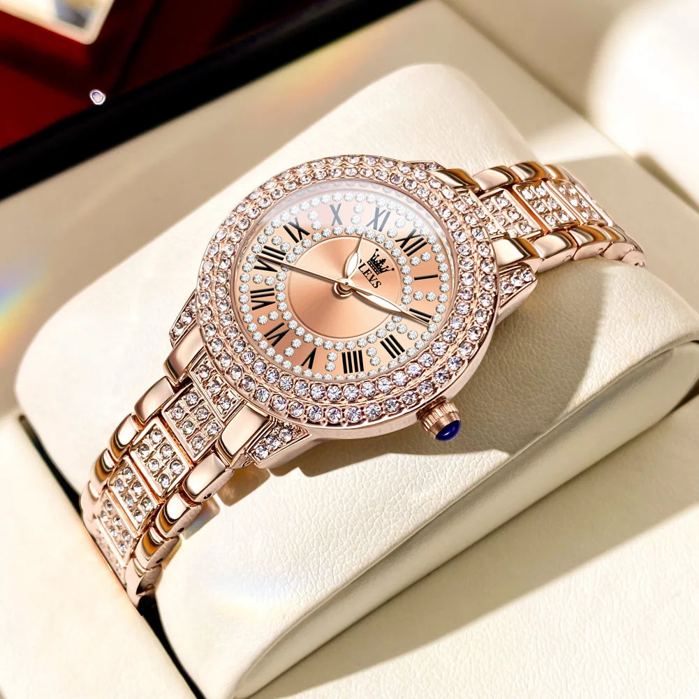 OLEVS 9943 Women's Diamond Quartz Watch | Roman Numeral Dial | Luminous | Stainless Steel Bracelet