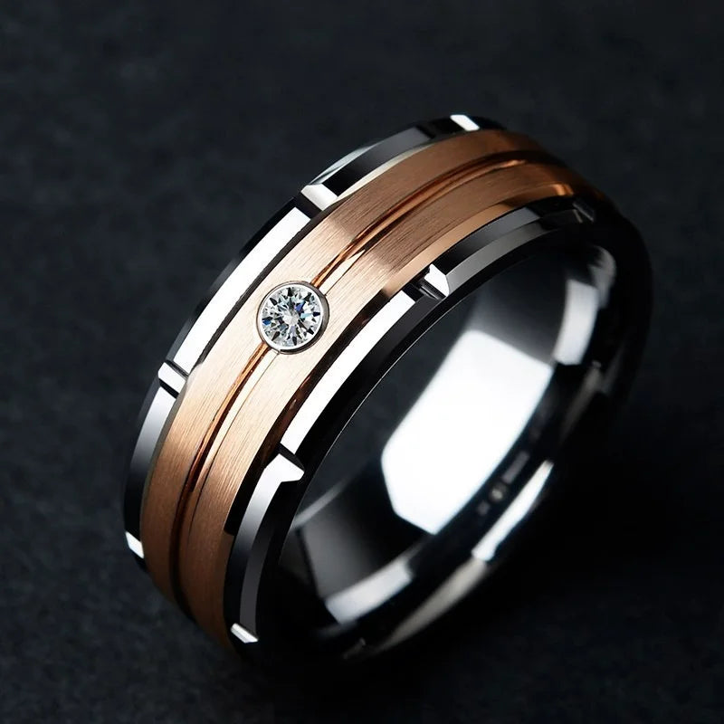 Anillo de pareja de circonita tallada hueca | Oro Rosa y Plata | Joyería nupcial de compromiso y boda