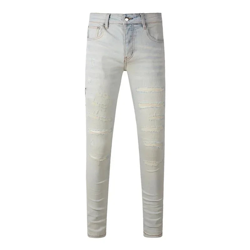 Slim Fit Ripped Denim Jeans – Retro American Streetwear