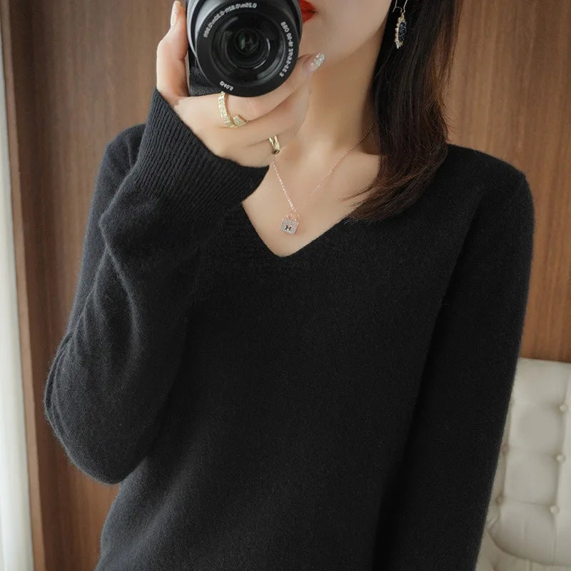 Women's V-Neck Lace Hollow-Out Knit Sweater | Casual Long Sleeve Pullover 10 Colors M-XXL