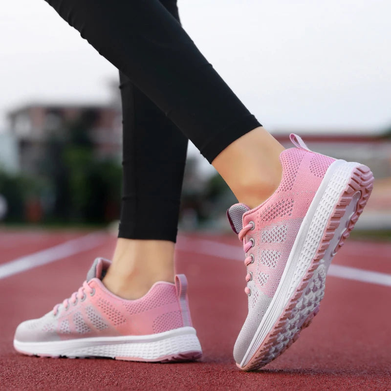Women's Breathable Mesh Lace-Up Sneakers – Lightweight Flat Walking Shoes
