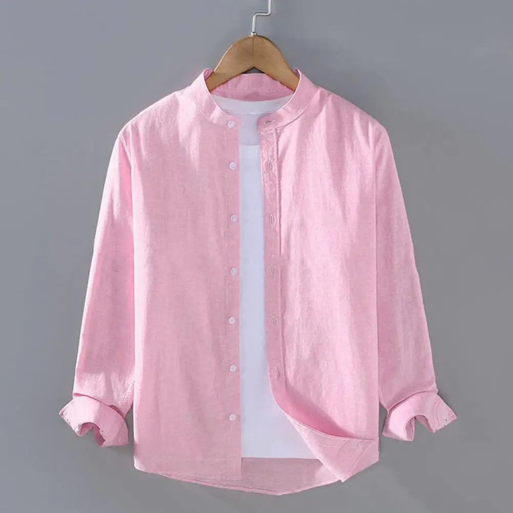Camisa de lino de cuello mao para hombre - Manga larga casual (M-4XL)