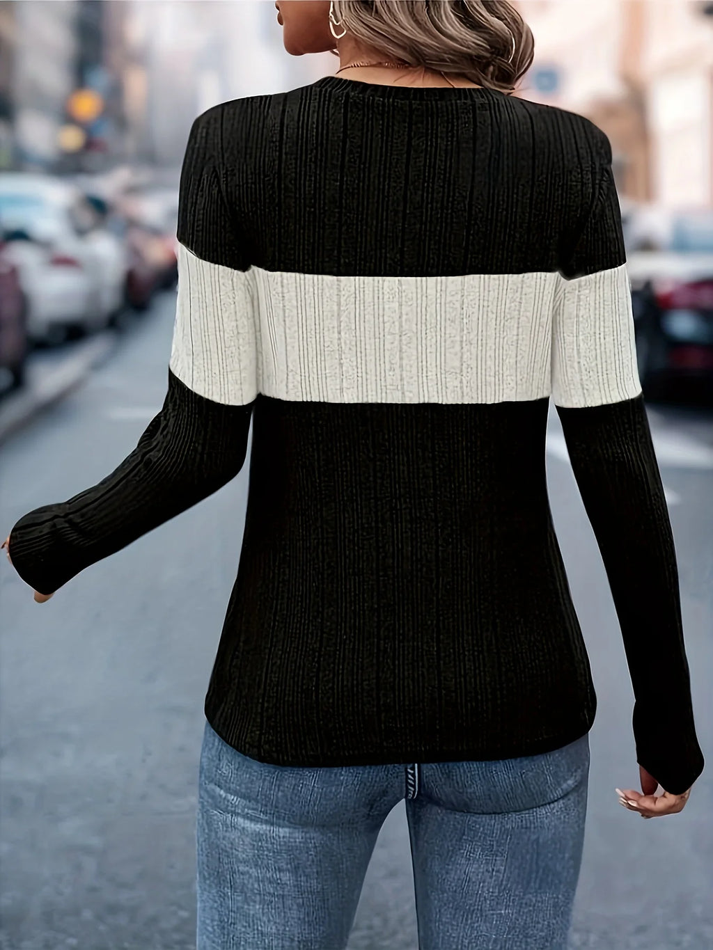Color Block Round Neck Long Sleeve Knit Top – 3 Colors