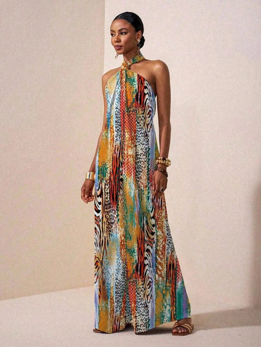 Women's Halter Neck Backless Boho Maxi Dress
