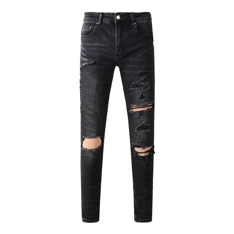 Slim Fit Ripped Denim Jeans – Retro American Streetwear