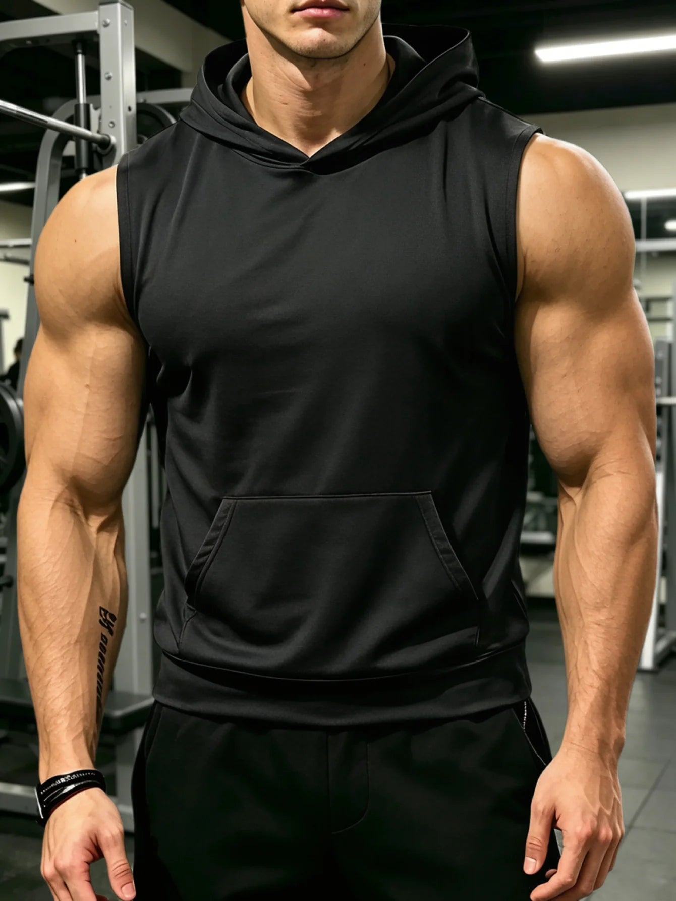 Unisex Hooded Sleeveless Gym Vest – Deep Cut Training Top with Kangaroo Pocket