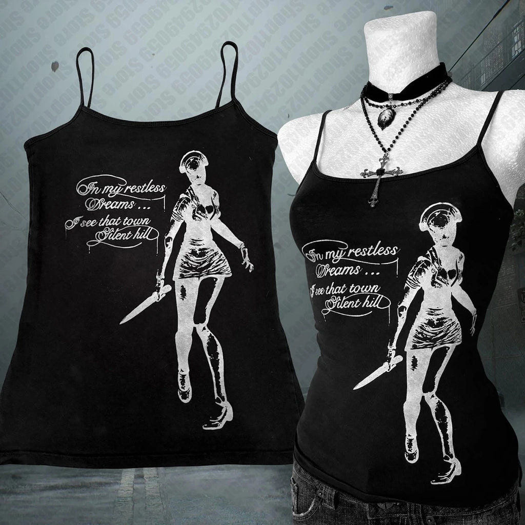 Top corto gótico estético con tirantes, estilo emo para chicas, moda Y2K, ropa vintage, camiseta bebé con estampado de letras, sin mangas, verano, Harajuku, entallada, estilo callejero de los años 2000
