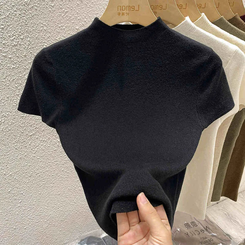 Jersey de punto fino de cuello simulado y manga corta para mujer | Top ajustado tipo bodycon de una talla para llevar en capas