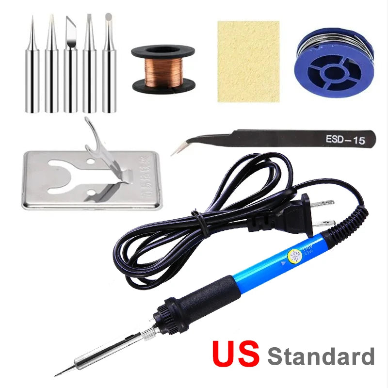 60W Adjustable Temperature Soldering Iron — US & EU Plug, Soldering Kit Options