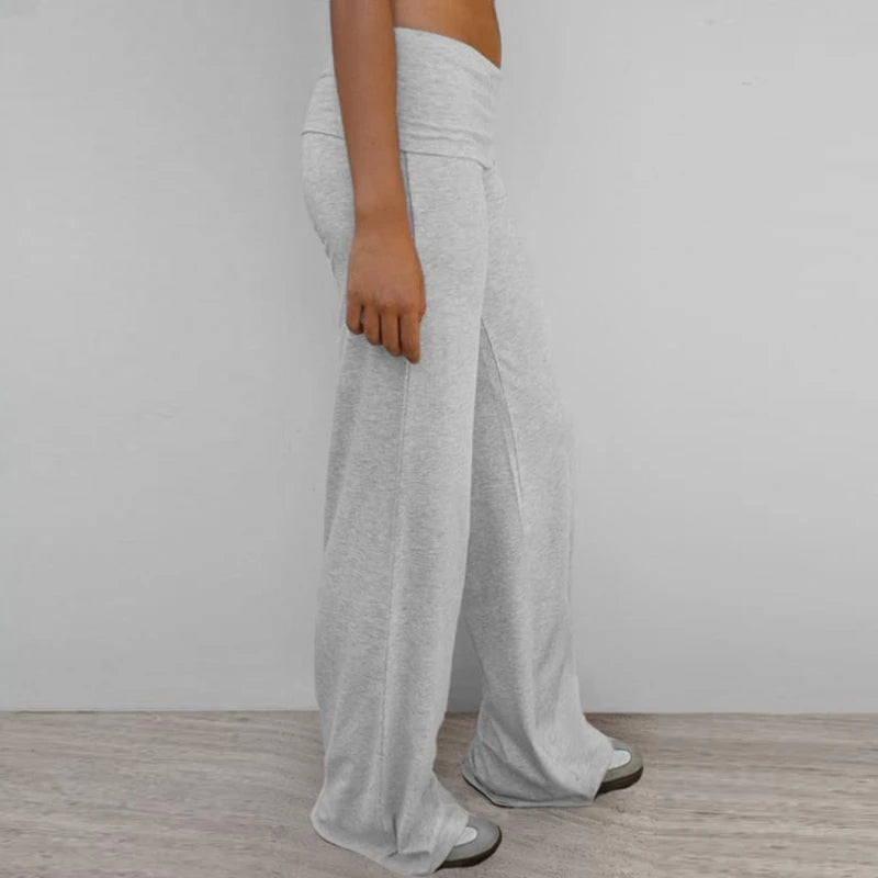 Pantalones de yoga elásticos con bordado para mujer, cintura plegable, acampanados, leggings, pantalones de campana, pantalones de descanso para adolescentes.