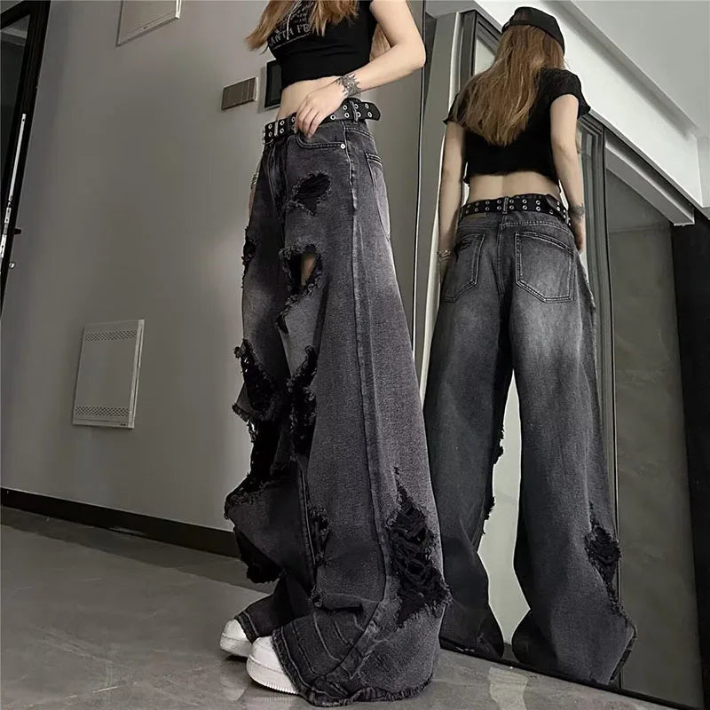 Vintage Black Ripped Wide-Leg Jeans