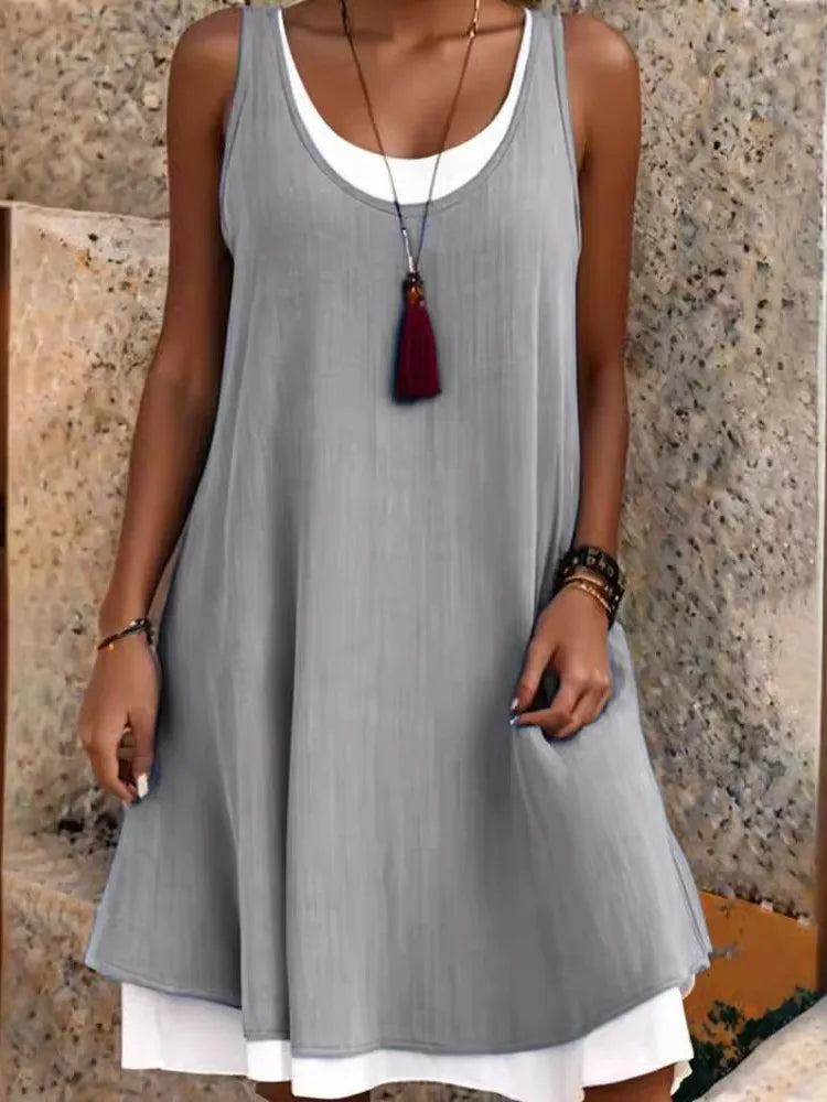 Women's Sleeveless Fake Two-Piece Loose A-Line Dress
