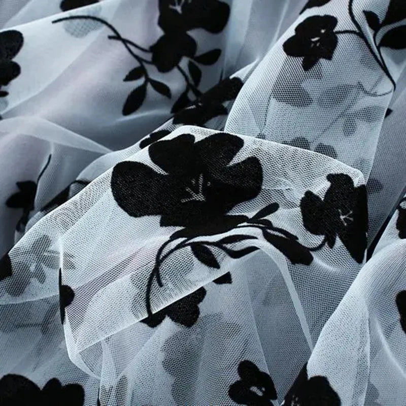 Floral Flocked Tulle Pleated Midi Skirt