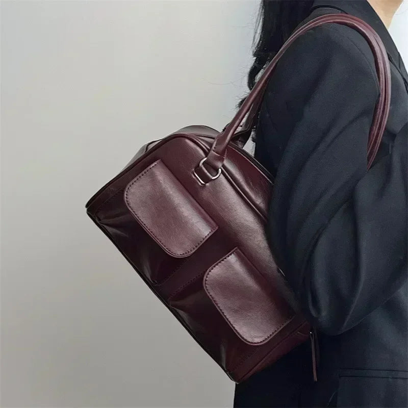 Women's Vintage Business Shoulder Bag — PU Leather Baguette Commute Tote