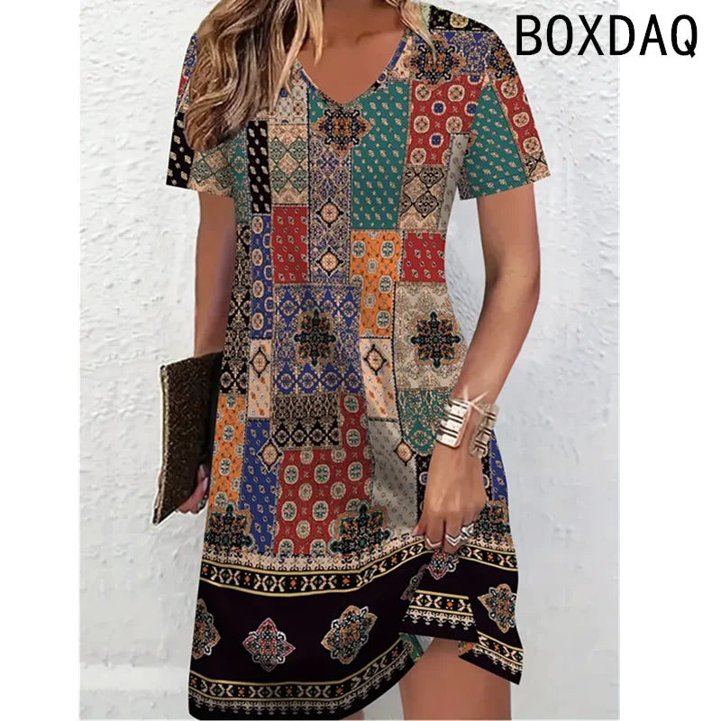 Women's Short Sleeve Printed A-Line Dress