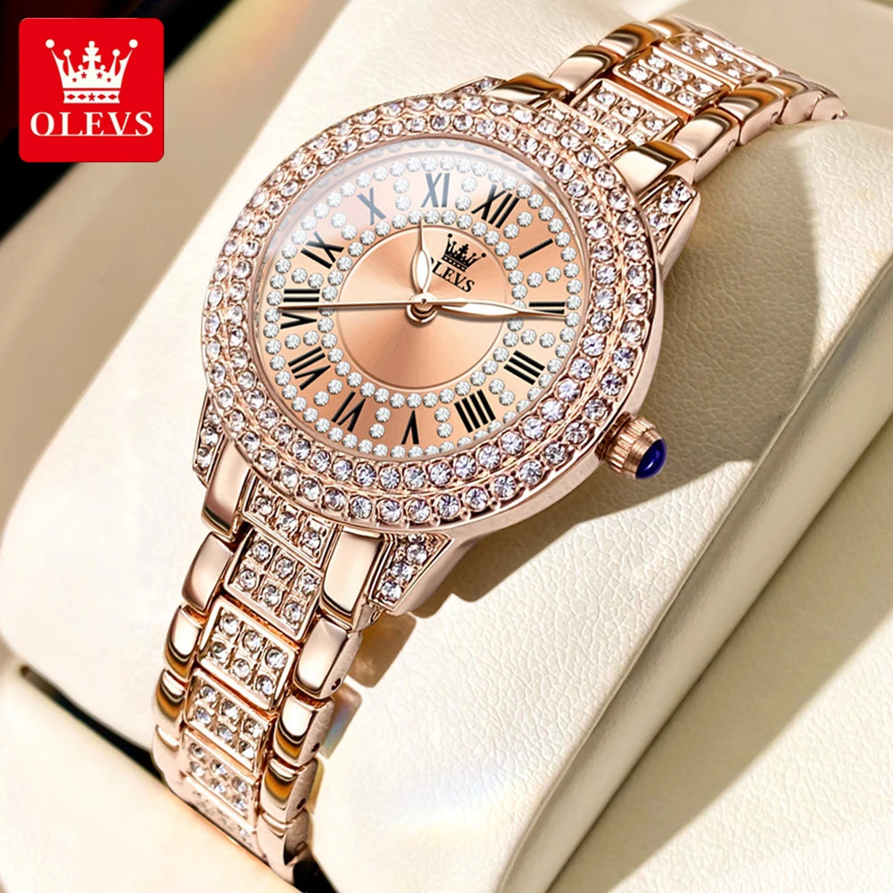 Reloj de cuarzo OLEVS 9943 de diamante para mujer | Esfera de números romanos | Luminoso | Brazalete de acero inoxidable