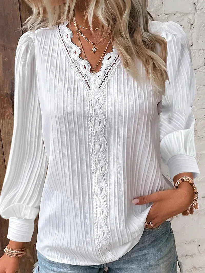 Women's Lace Patchwork Blouse - V-Neck Long Sleeve (S-XXL)