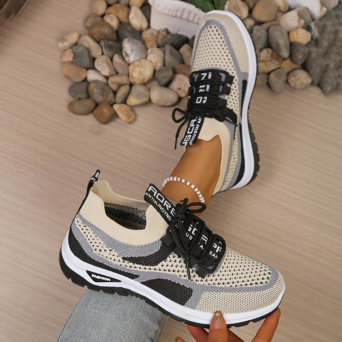 Women's Two-Tone Canvas Sneakers – Lace-Up Casual Work Shoes
