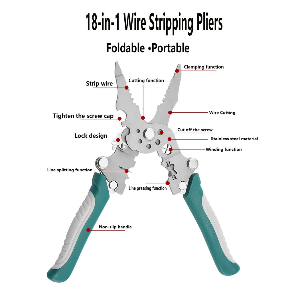 Foldable 18-in-1 Wire Stripping & Crimping Pliers – Electrician Multi-Tool