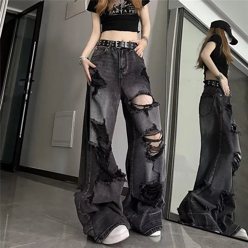 Vintage Black Ripped Wide-Leg Jeans