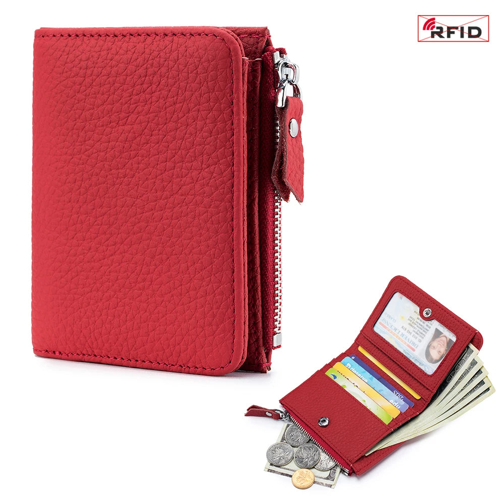 Genuine Cow Leather Short Wallet — RFID Blocking Card Holder & Coin Purse