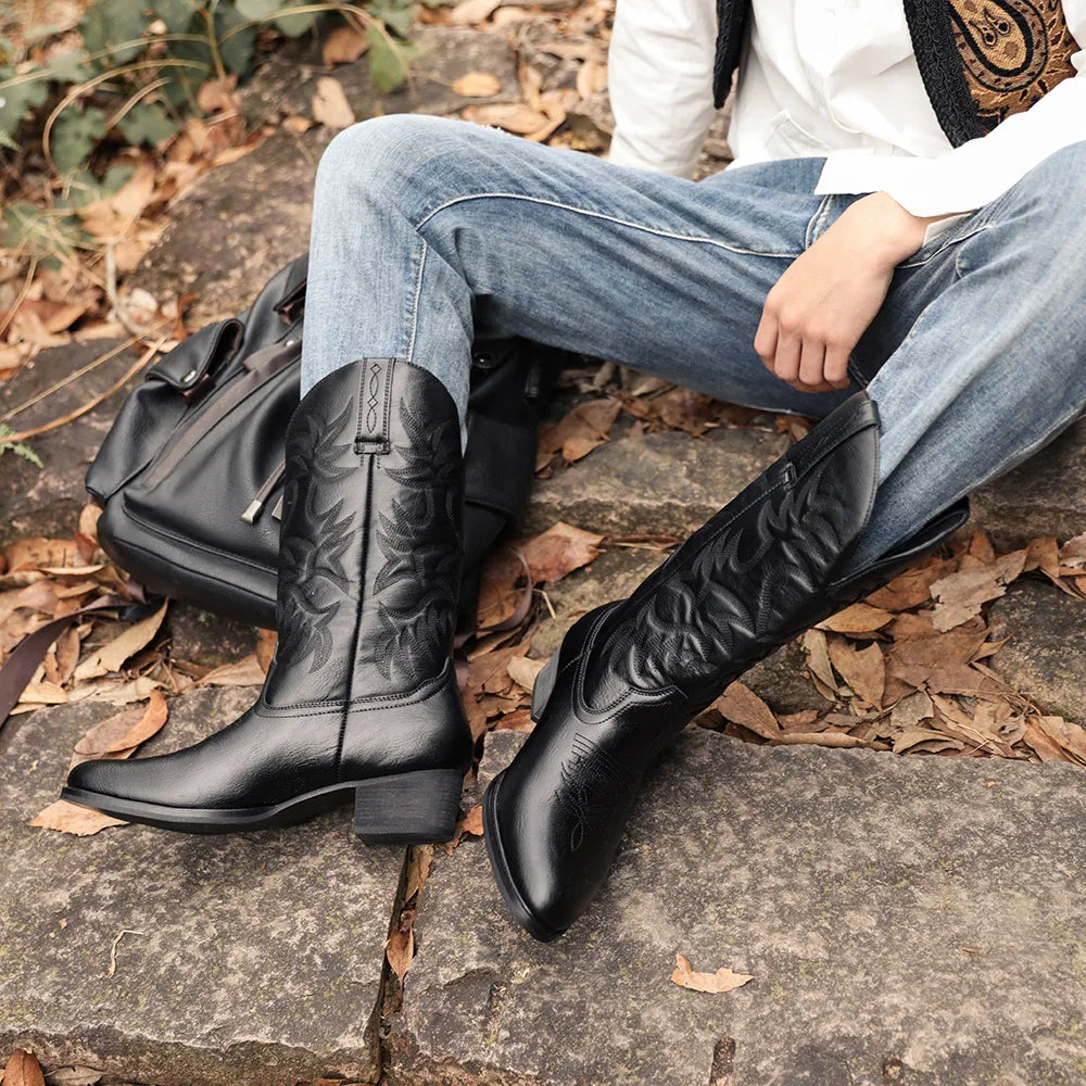 Men's Western Motorcycle Boots – Totem Print Mid-Calf Slip-On