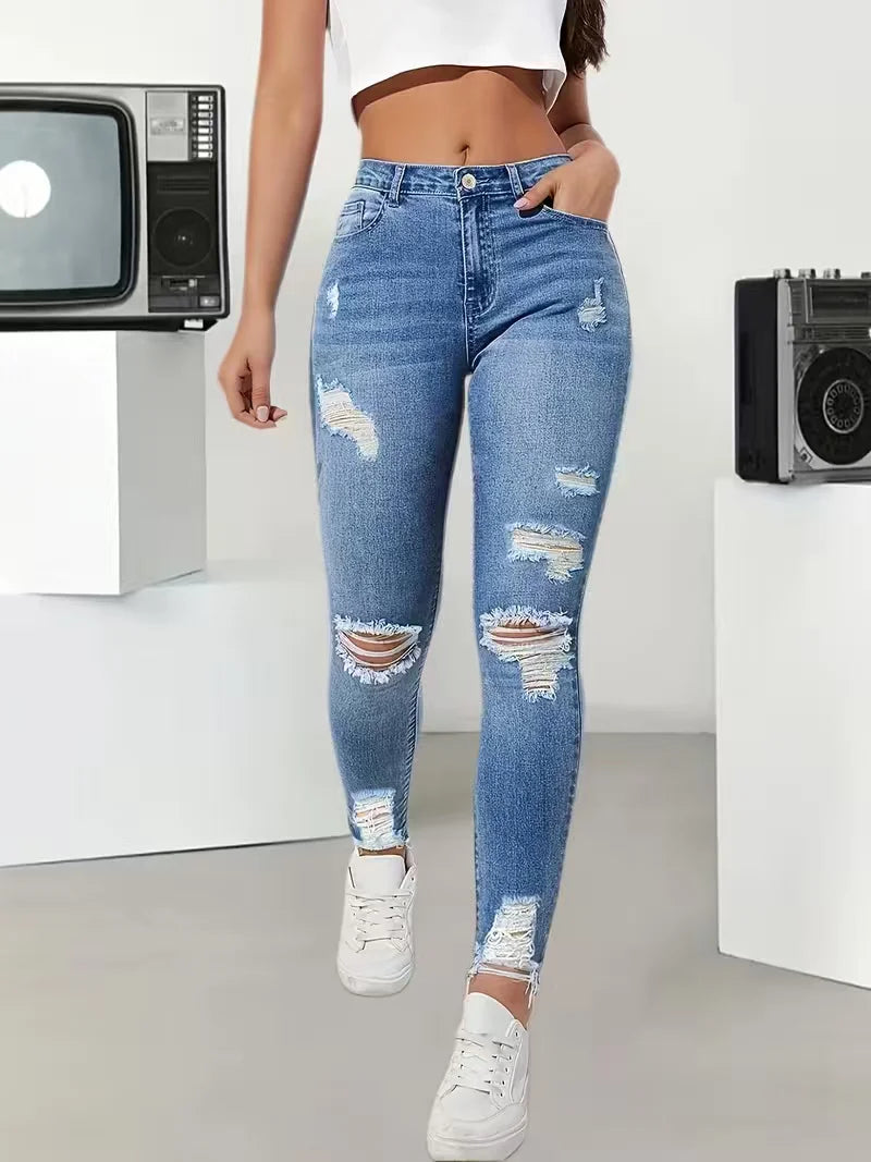 High-Waist Ripped Stretch Skinny Jeans