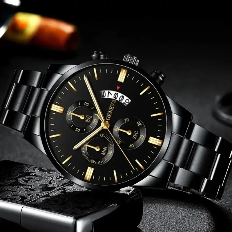 Men's Quartz Watch & Bracelet Gift Set – Calendar Chronograph-Style Dial