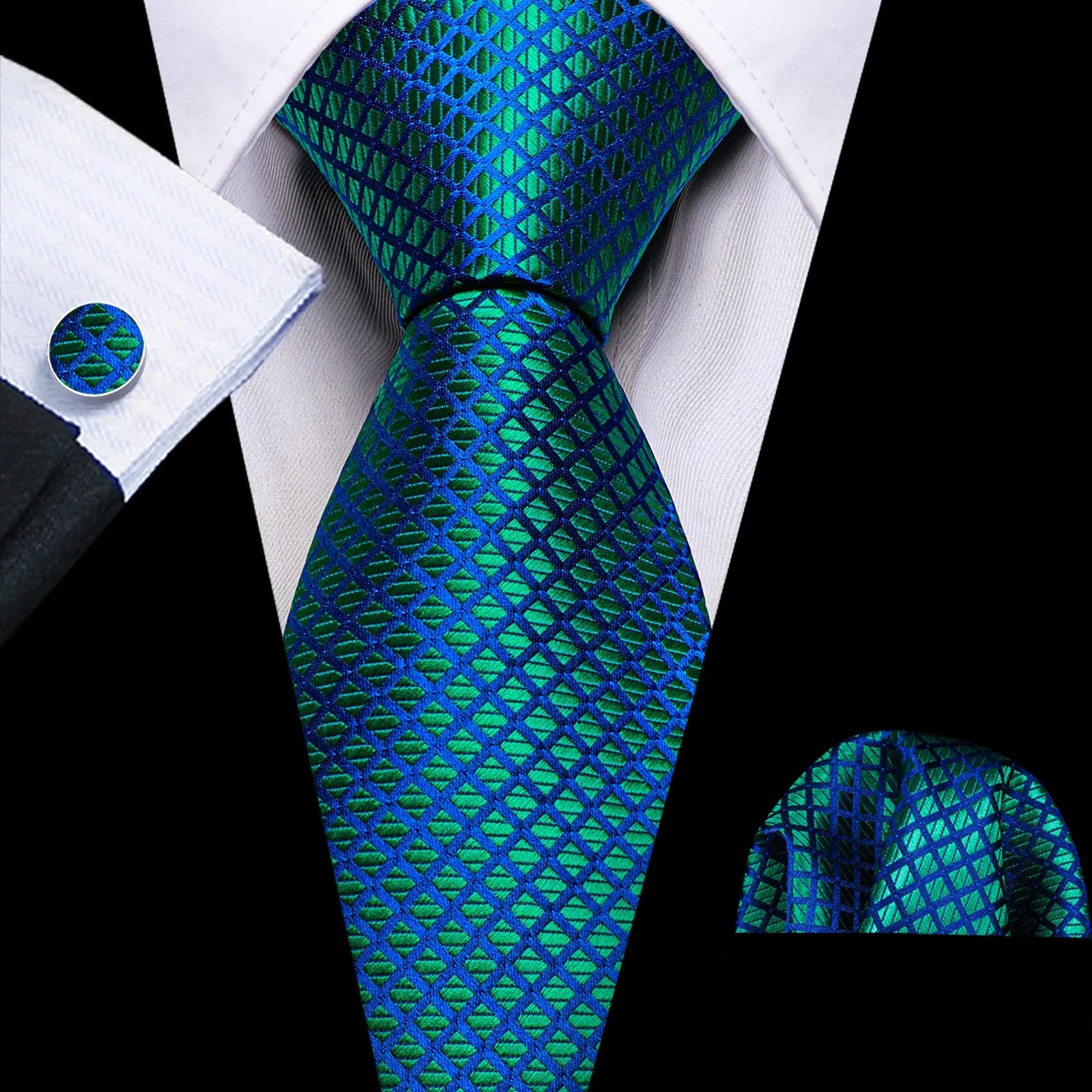 Plaid Jacquard Necktie, Pocket Square & Cufflinks Set – Blue & Green