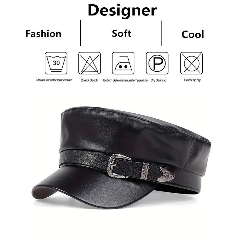Moda Mujer Hebilla de cinturón grande Sombrero de cuero Primavera Otoño Sombreros de marinero Gorras de boina negras para mujer Gorras militares de capitán con parte superior plana para hombre